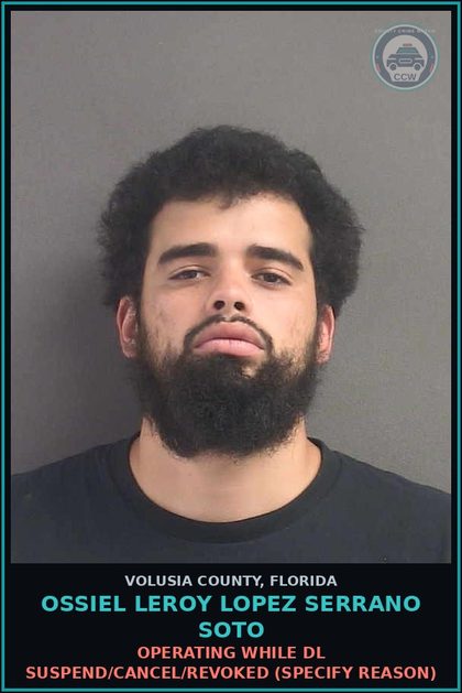 CCW arrest card for OSSIEL LEROY LOPEZ SERRANO SOTO in Volusia County: OPERATING WHILE DL SUSPEND/CANCEL/REVOKED (SPECIFY REASON)
