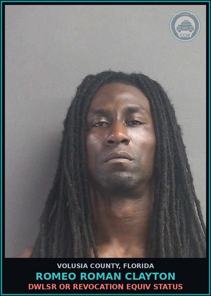 CCW arrest card for ROMEO ROMAN CLAYTON in Volusia County: DWLSR OR REVOCATION EQUIV STATUS