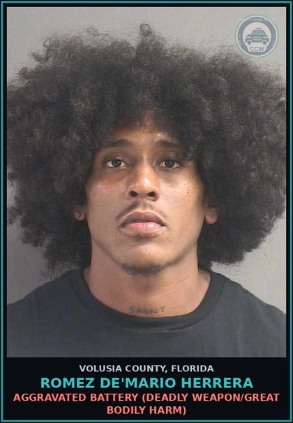 CCW arrest card for ROMEZ DE'MARIO HERRERA in Volusia County: AGGRAVATED BATTERY (DEADLY WEAPON/GREAT BODILY HARM)