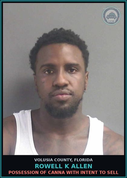 CCW arrest card for ROWELL K ALLEN in Volusia County: POSSESSION OF CANNA WITH INTENT TO SELL