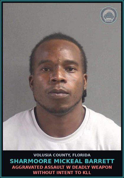 CCW arrest card for SHARMOORE MICKEAL BARRETT in Volusia County: MISSILE INTO DWELLING/VEH/BUILDING/AIRCRAFT