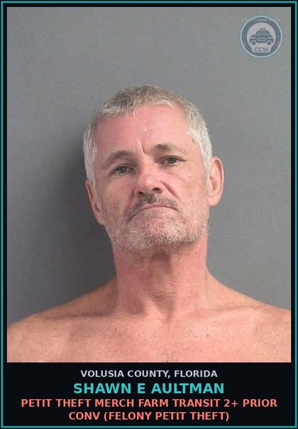 CCW arrest card for SHAWN E AULTMAN in Volusia County: PETIT THEFT MERCH FARM TRANSIT 2+ PRIOR CONV (FELONY PETIT THEFT)