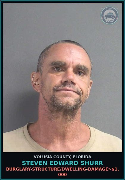 CCW arrest card for STEVEN EDWARD SHURR in Volusia County: GRAND THEFT WITH DAMAGE OVER $1,000