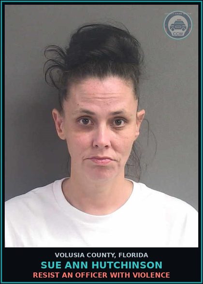 CCW arrest card for SUE ANN HUTCHINSON in Volusia County: RESIST AN OFFICER WITH VIOLENCE