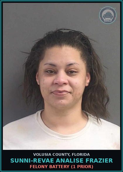 CCW arrest card for SUNNI-REVAE ANALISE FRAZIER in Volusia County: FELONY BATTERY (1 PRIOR)