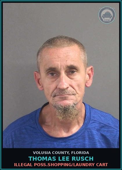 CCW arrest card for THOMAS LEE RUSCH in Volusia County: ILLEGAL POSS.SHOPPING/LAUNDRY CART