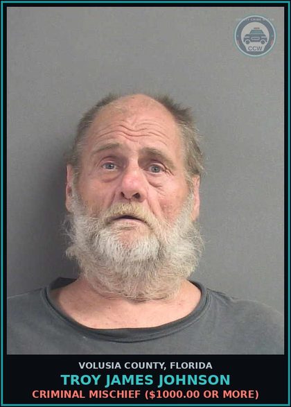 CCW arrest card for TROY JAMES JOHNSON in Volusia County: CRIMINAL MISCHIEF ($1000.00 OR MORE)