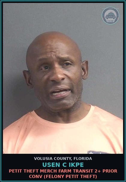 CCW arrest card for USEN C IKPE in Volusia County: PETIT THEFT MERCH FARM TRANSIT 2+ PRIOR CONV (FELONY PETIT THEFT)