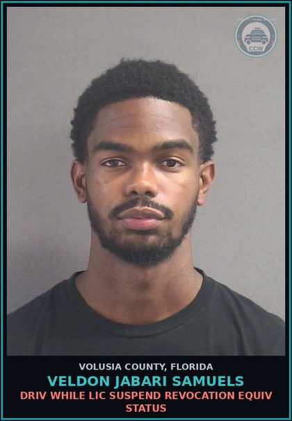 CCW arrest card for VELDON JABARI SAMUELS in Volusia County: DRIV WHILE LIC SUSPEND REVOCATION EQUIV STATUS