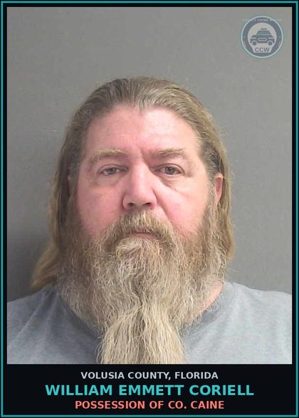 CCW arrest card for WILLIAM EMMETT CORIELL in Volusia County: POSSESSION OF CO. CAINE