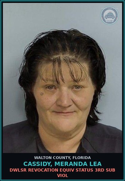 CCW arrest card for CASSIDY, MERANDA LEA in Walton County: DWLSR REVOCATION EQUIV STATUS 3RD SUB VIOL