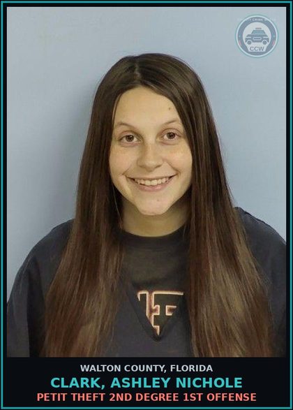 CCW arrest card for CLARK, ASHLEY NICHOLE in Walton County: Petit Theft 2nd Degree 1st Offense