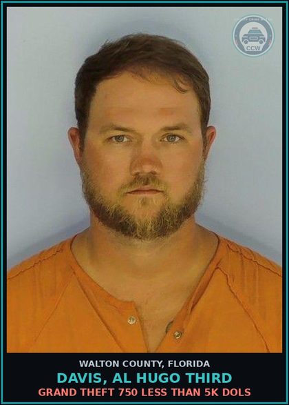 CCW arrest card for DAVIS, AL HUGO Third in Walton County: GRAND THEFT 750 LESS THAN 5K DOLS