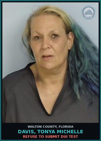 CCW arrest card for DAVIS, TONYA MICHELLE in Walton County: DWLSR REV EQUIV STATUS COMMERICAL VEH 1ST OFF