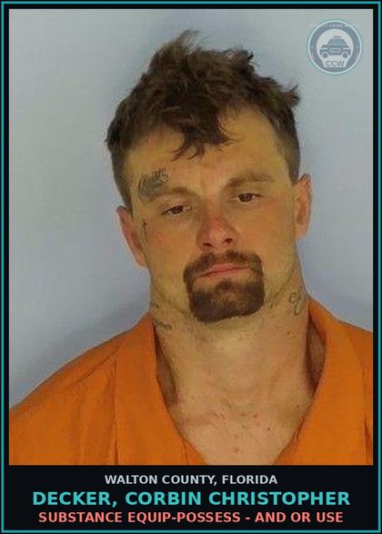 CCW arrest card for DECKER, CORBIN CHRISTOPHER in Walton County: Drug Equip-Possess - And Or Use