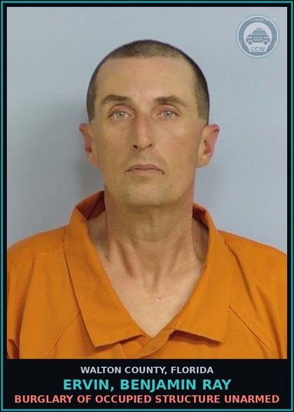 CCW arrest card for ERVIN, BENJAMIN RAY in Walton County: Petit Theft 2nd Degree 1st Offense