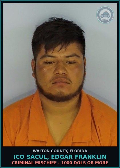CCW arrest card for ICO SACUL, EDGAR FRANKLIN in Walton County: Criminal Mischief - 1000 Dols Or More