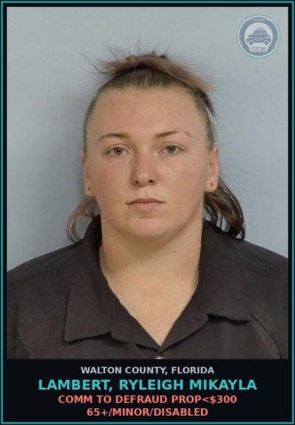 CCW arrest card for LAMBERT, RYLEIGH MIKAYLA in Walton County: Exploitation Of Elderly Less Than 10K Dol
