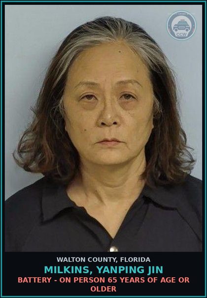 CCW arrest card for MILKINS, YANPING JIN in Walton County: Battery - On Person 65 Years Of Age Or Older