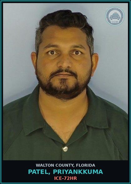 CCW arrest card for PATEL, PRIYANKKUMA in Walton County: ICE-72HR