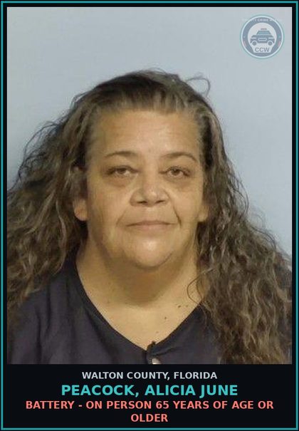 CCW arrest card for PEACOCK, ALICIA JUNE in Walton County: Battery - On Person 65 Years Of Age Or Older