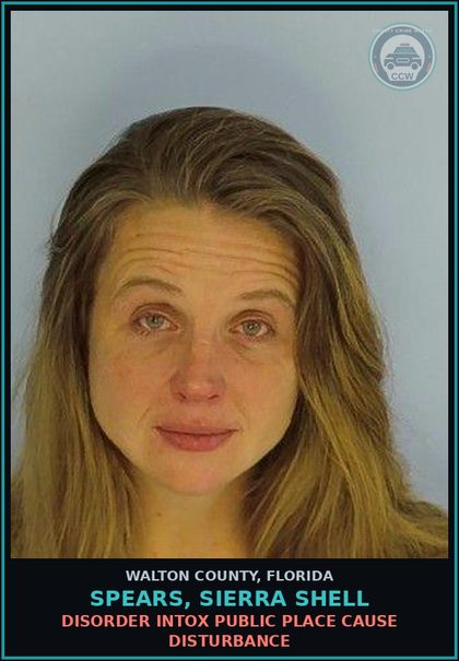 CCW arrest card for SPEARS, SIERRA SHELL in Walton County: Disorder Intox Public Place Cause Disturbance