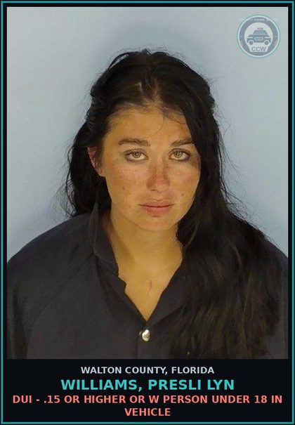 CCW arrest card for WILLIAMS, PRESLI LYN in Walton County: DUI - .15 Or Higher Or W Person Under 18 In Vehicle