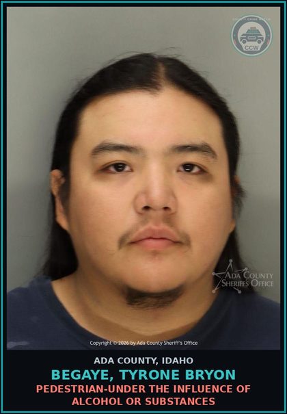 CCW arrest card for Begaye, Tyrone Bryon in Ada County: Pedestrian-Under the Influence of Alcohol or Drugs