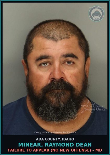 CCW arrest card for Minear, Raymond Dean in Ada County: Failure to Appear (No New Offense) - MD