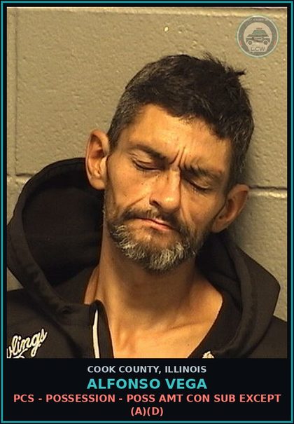 CCW arrest card for Alfonso Vega in Cook County: PCS - POSSESSION - POSS AMT CON SUB EXCEPT (A)(D)