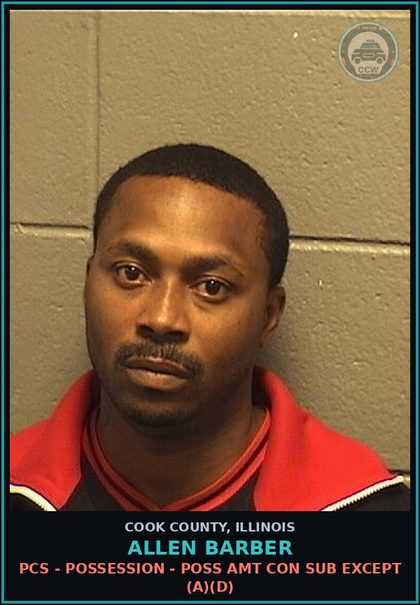 CCW arrest card for Allen Barber in Cook County: OTHER AMT NARCOTIC SCHED I&II