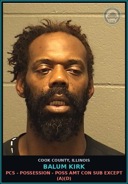 CCW arrest card for Balum Kirk in Cook County: THEFT CONTROL INTENT<$500