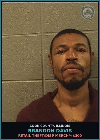 CCW arrest card for Brandon Davis in Cook County: RETAIL THEFT/DISP MERCH/<$300