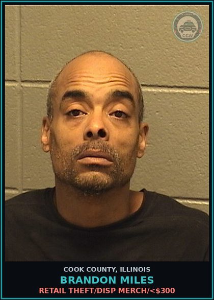 CCW arrest card for Brandon Miles in Cook County: RETAIL THEFT/DISP MERCH/<$300