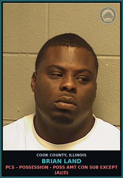 CCW arrest card for Brian Land in Cook County: PCS - POSSESSION - POSS AMT CON SUB EXCEPT (A)(D)