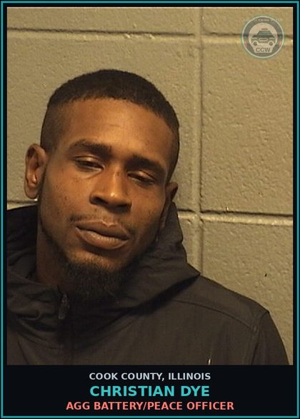 CCW arrest card for Christian Dye in Cook County: AGG BATTERY/PEACE OFFICER