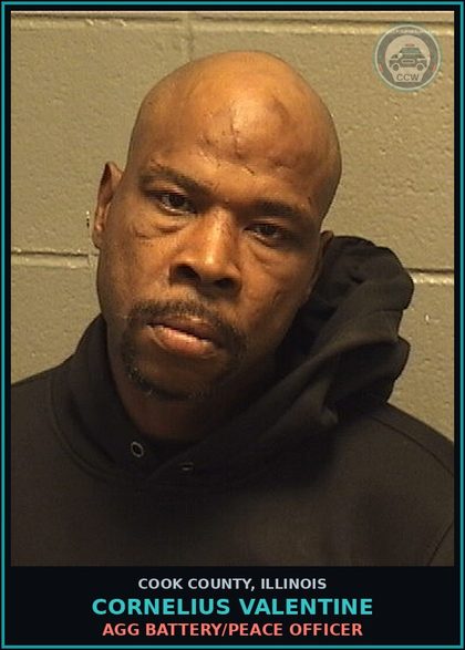 CCW arrest card for Cornelius Valentine in Cook County: AGG BATTERY/PEACE OFFICER