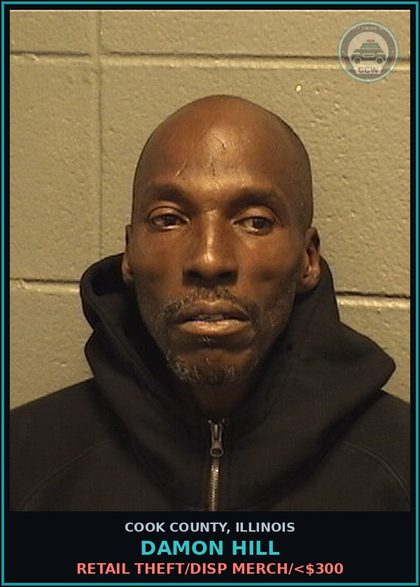 CCW arrest card for Damon Hill in Cook County: RETAIL THEFT/DISP MERCH/<$300
