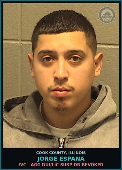CCW arrest card for Jorge Espana in Cook County: IVC - AGG DUI/LIC SUSP OR REVOKED