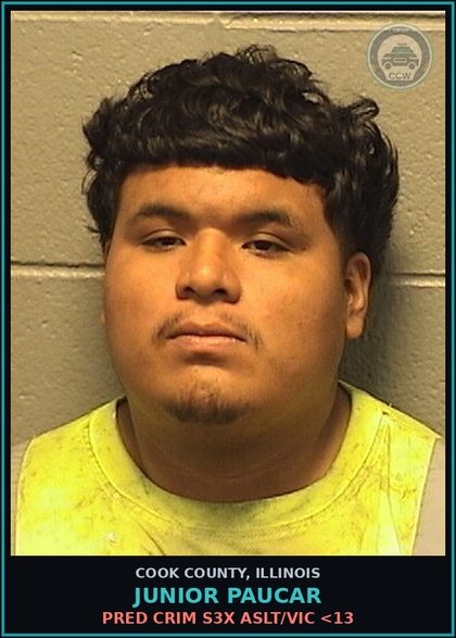 CCW arrest card for Junior Paucar in Cook County: PRED CRIM s3x ASLT/VICTIM <13