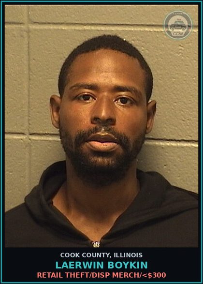 CCW arrest card for Laerwin Boykin in Cook County: RETAIL THEFT/DISP MERCH/<$300