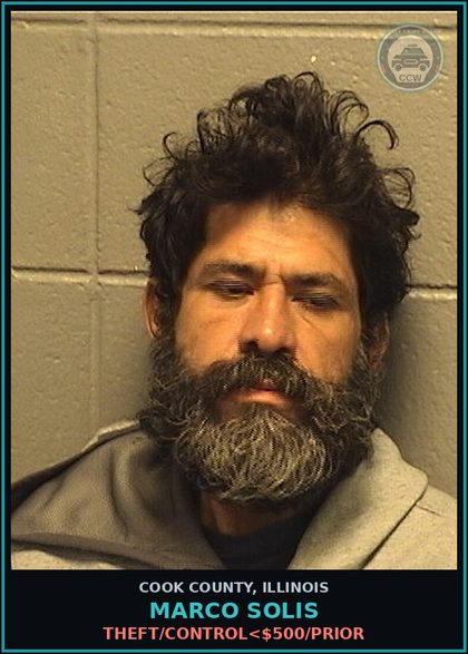 CCW arrest card for Marco Solis in Cook County: THEFT/CONTROL<$500/PRIOR