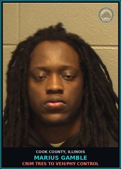 CCW arrest card for Marius Gamble in Cook County: CRIM TRES TO VEH/PHY CONTROL