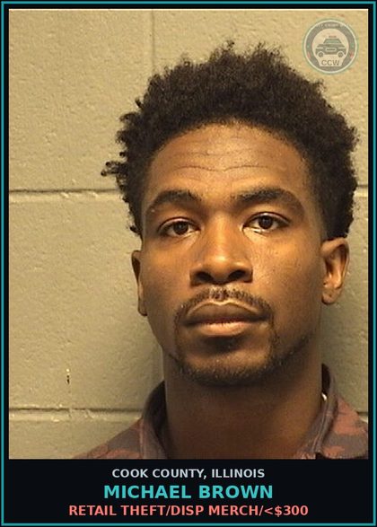 CCW arrest card for Michael Brown in Cook County: RETAIL THEFT/DISP MERCH/<$300