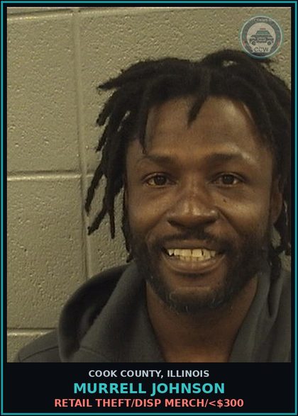 CCW arrest card for Murrell Johnson in Cook County: RETAIL THEFT/DISP MERCH/<$300