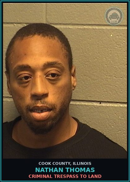 CCW arrest card for Nathan Thomas in Cook County: CRIMINAL TRESPASS TO LAND