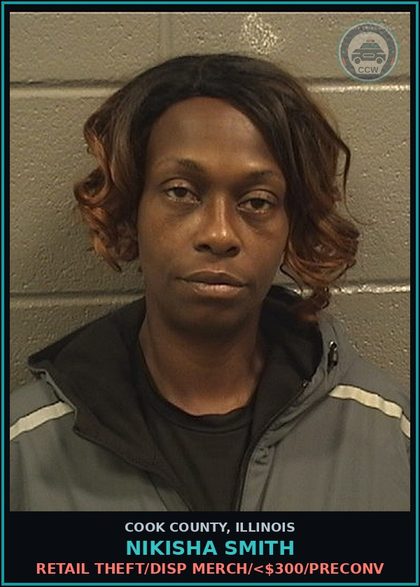 CCW arrest card for Nikisha Smith in Cook County: RETAIL THEFT/DISP MERCH/<$300/PRECONV