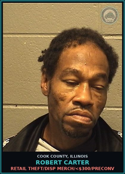 CCW arrest card for Robert Carter in Cook County: RETAIL THEFT/DISP MERCH/<$300/PRECONV