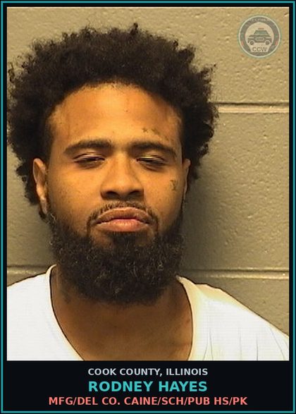 CCW arrest card for Rodney Hayes in Cook County: MFG/DEL COCAINE/SCH/PUB HS/PK