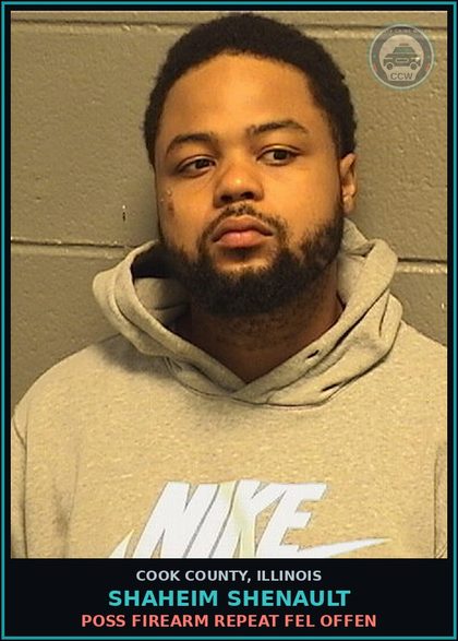 CCW arrest card for Shaheim Shenault in Cook County: POSS FIREARM REPEAT FEL OFFEN